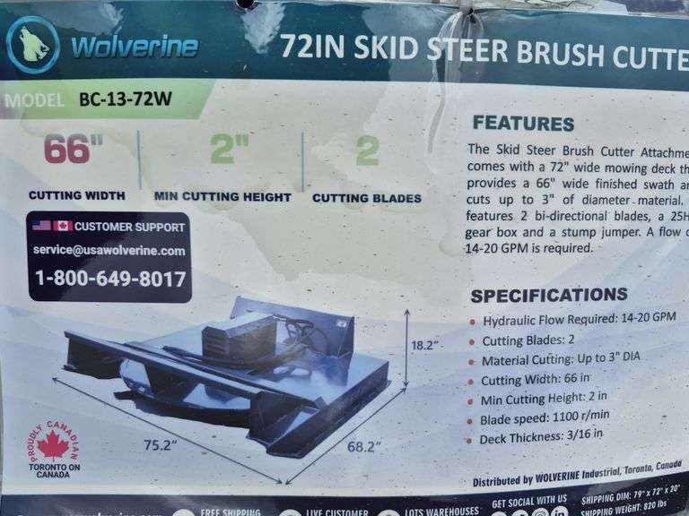 2025 WOLVERINE SKID STEER BRUSH CUTTER ATTACHMENT MODEL: BC-13-72W, 72"