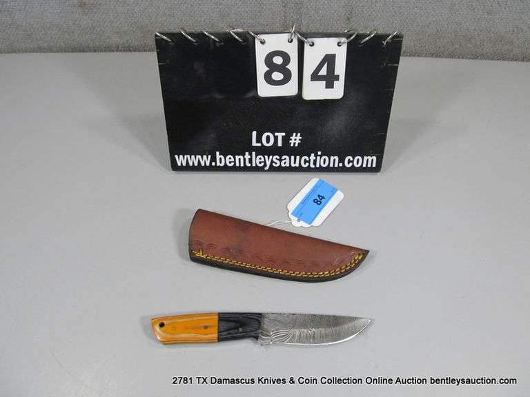 KNIFE 4" BLADE DAMASCUS FINISH - ORANGE & BLACK HANDLE W/ SHEATH