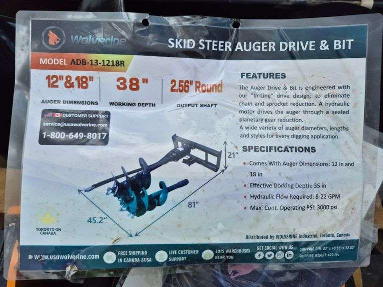 2025 WOLVERINE SKID STEER AUGER DRIVE & BIT ATTACHMENT MODEL: ADB-13-1218R,