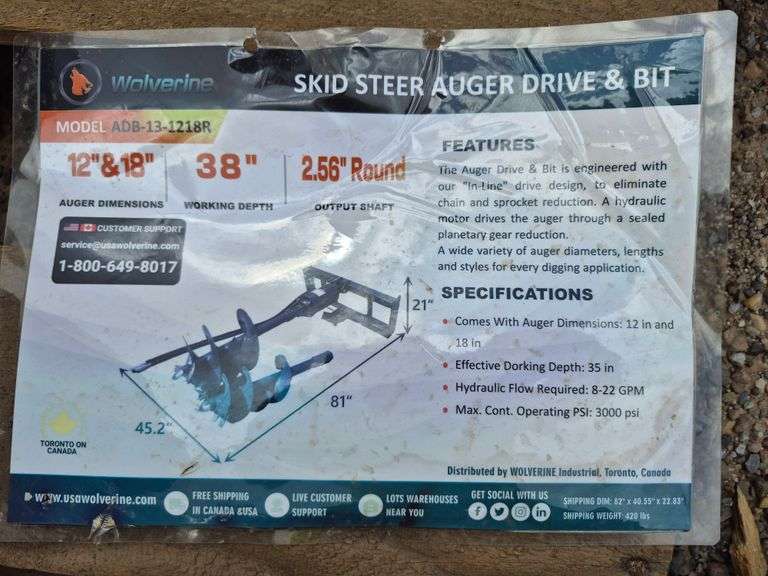 2025 WOLVERINE SKID STEER AUGER DRIVE & BIT ATTACHMENT MODEL: ADB-13-1218R,