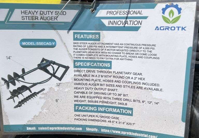 2024/2025 MOWER KING SKID STEER AUGER MODEL: SSECAG-Y WITH 3 BITS - 6", 12", 14" AUGERS,