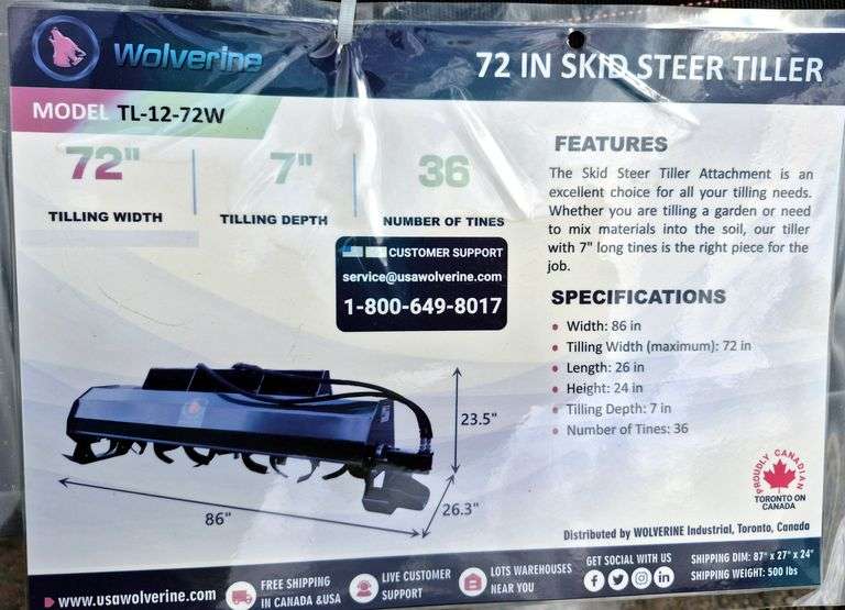 2025 WOLVERINE SKID STEER TILLER ATTACHMENT MODEL: TL-12-72W,