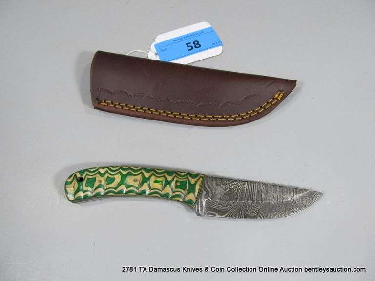 KNIFE 3-1/2" BLADE DAMASCUS FINISH - GREEN & WHITE HANDEL W/ SHEATH