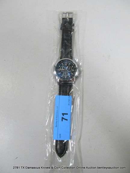 QUARTZ MENS WRISTWATCH W/ 3 SUB DIALS - BLACK BAND - DARK BLUE FACE