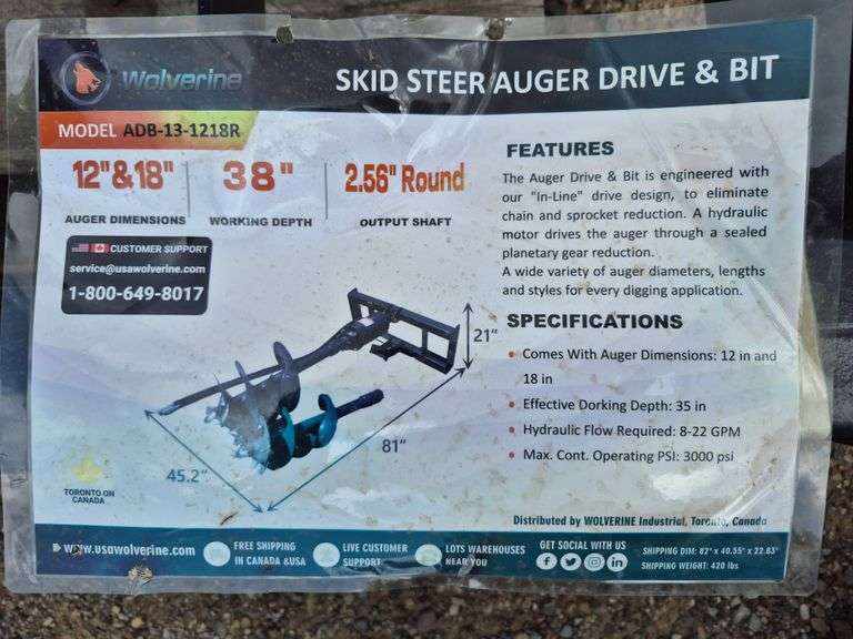 2025 WOLVERINE SKID STEER AUGER DRIVE & BIT ATTACHMENT MODEL: ADB-13-1218R,