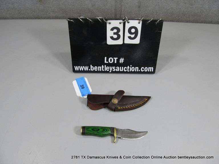 KNIFE 3" BLADE DAMASCUS FINISH - TWO TONE GREEN HANDLE W/ CASE