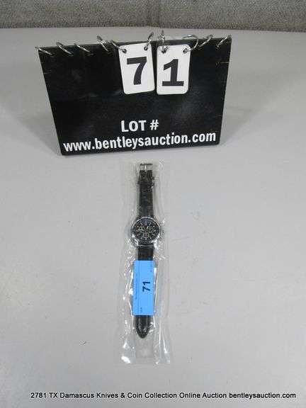 QUARTZ MENS WRISTWATCH W/ 3 SUB DIALS - BLACK BAND - DARK BLUE FACE