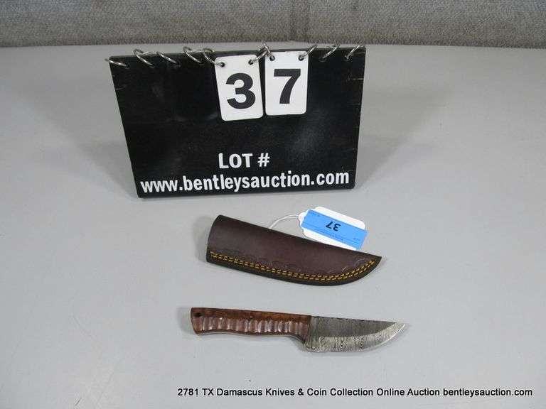 KNIFE 3" BLADE DAMASCUS FINISH - BROWN HANDLE W/ SHEATH