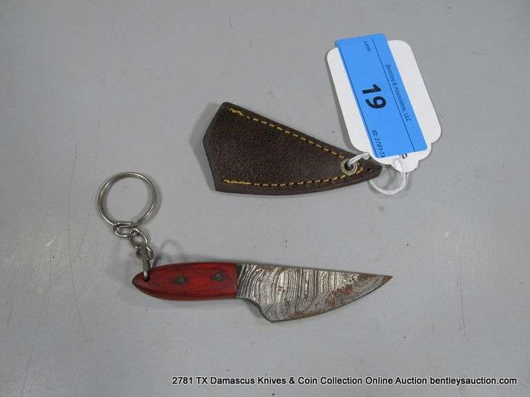KNIFE 2" BLADE DAMASCUS FINISH - RED HANDLE KEYCHAIN W/ SHEATH