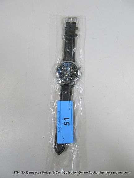 QUARTZ MENS WRISTWATCH W/ 3 SUB DIALS - BLACK BAND - DARK BLUE DIAL