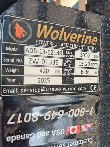 2025 WOLVERINE SKID STEER AUGER DRIVE & BIT ATTACHMENT MODEL: ADB-13-1218R,