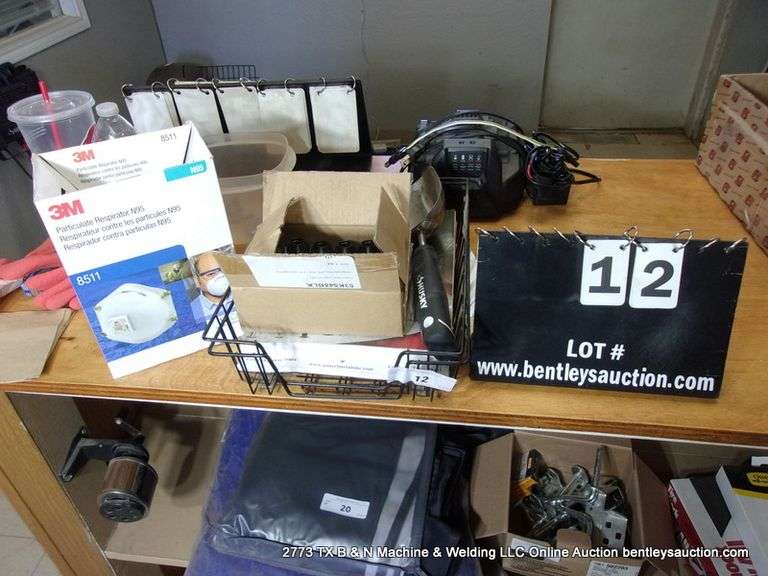 LOT: BASKET - LUG NUTS, MASKS, GARDEN SHOVEL, MISC