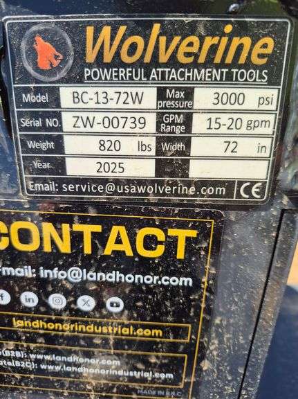 2025 WOLVERINE SKID STEER BRUSH CUTTER ATTACHMENT MODEL: BC-13-72W, 72"