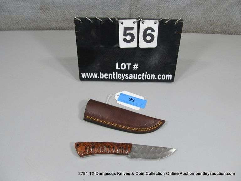 KNIFE 3-1/2" BLADE DAMASCUS FINISH - ORANGE & BLACK HANDLE W/ SHEATH