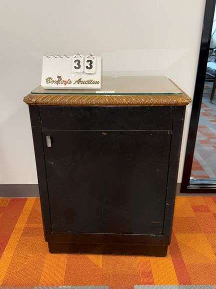 BLACK METAL 1-DOOR CABINET W/ CARVED WOOD TOP