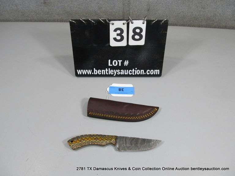 KNIFE 4" BLADE DAMASCUS FINISH - ORANGE, BLACK & NATURAL HANDLE W/ SHEATH