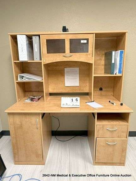 WOOD DESK W/ OVERHEAD BINS