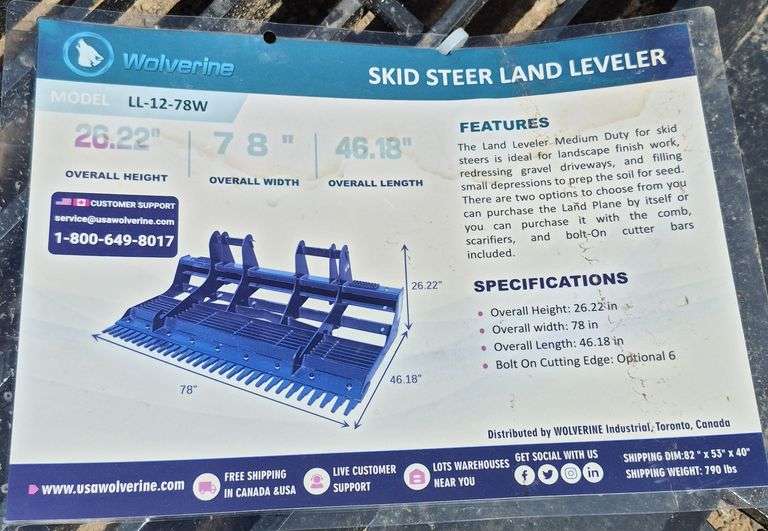 2025 WOLVERINE SKID STEER LAND LEVELER ATTACHMENT MODEL: LL-12-78W, 78"