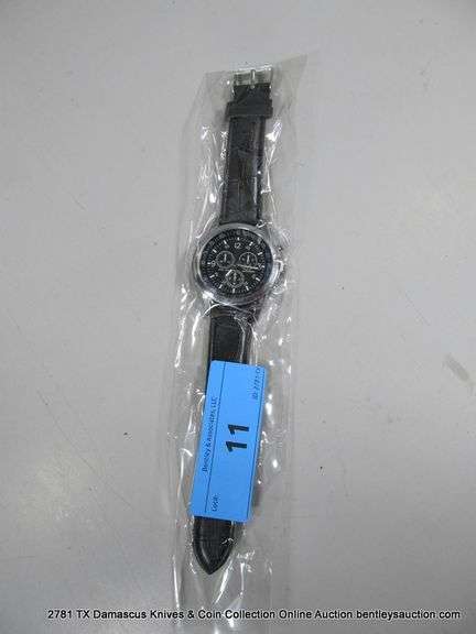 QUARTZ ANALOG MENS WRISTWATCH W/ 3 SUB DIALS - BLACK BAND - DARK BLUE FACE