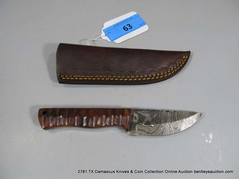 KNIFE 3-1/2" BLADE DAMASCUS FINISH - BROWN HANDLE W/ SHEATH