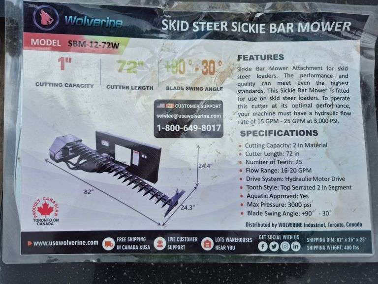 2025 WOLVERINE SKID STEER SICKLE BAR MOWER MODEL: SBM-12-72W,