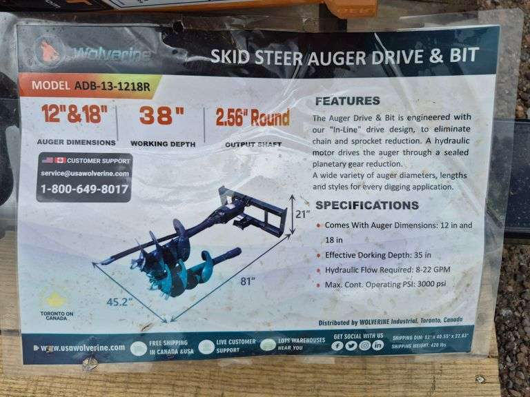2025 WOLVERINE SKID STEER AUGER DRIVE & BIT ATTACHMENT MODEL: ADB-13-1218R,