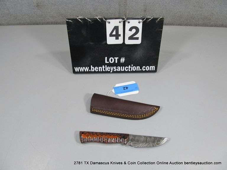 KNIFE 3-1/2" BLADE DAMASCUS FINISH - ORANGE & BLACK HANDLE W/ SHEATH