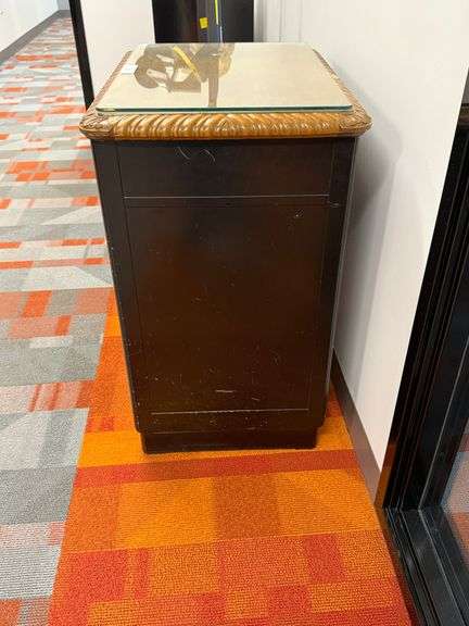 BLACK METAL 1-DOOR CABINET W/ CARVED WOOD TOP