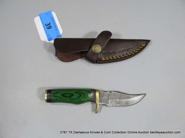 KNIFE 3" BLADE DAMASCUS FINISH - TWO TONE GREEN HANDLE W/ CASE