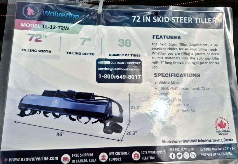 2025 WOLVERINE SKID STEER TILLER ATTACHMENT MODEL: TL-12-72W,