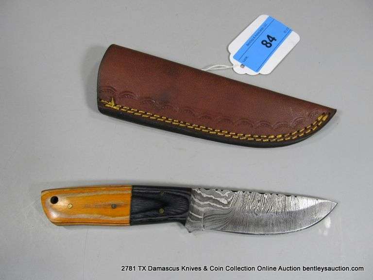 KNIFE 4" BLADE DAMASCUS FINISH - ORANGE & BLACK HANDLE W/ SHEATH