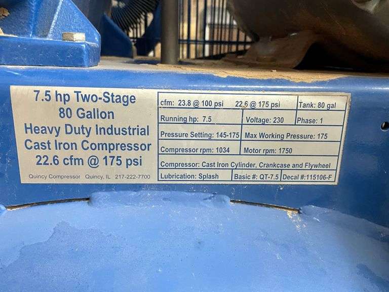 QUINCY COMPRESSOR 80-GALLON, 7.5HP, 2 STAGE, MODEL: 271CS80VCB