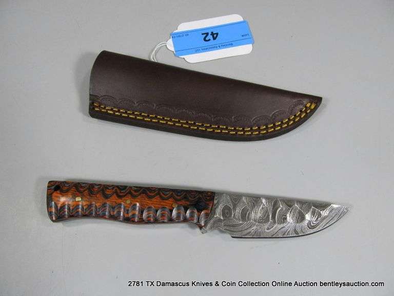 KNIFE 3-1/2" BLADE DAMASCUS FINISH - ORANGE & BLACK HANDLE W/ SHEATH