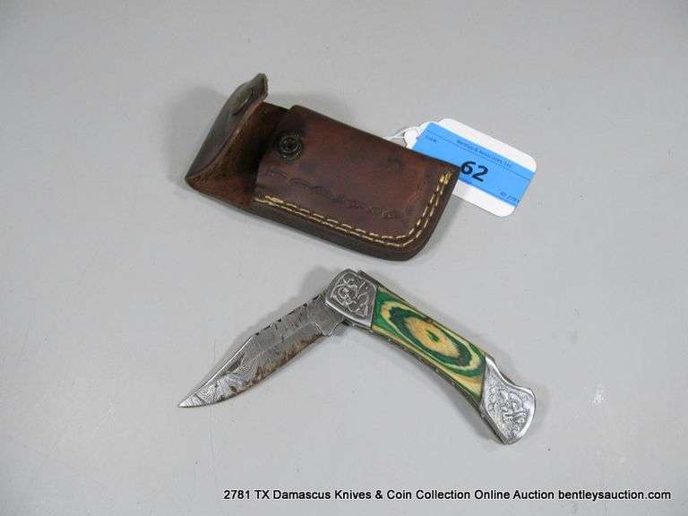 KNIFE 3" FOLDING BLADE DAMASCUS FINISH - GREEN & WHITE HANDLE W/ CASE