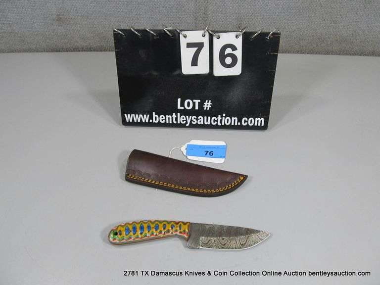 KNIFE 4" BLADE DAMASCUS FINISH - RED, GREEN, BLUE, YELLOW & NATURAL HANDLE W/ SHEATH