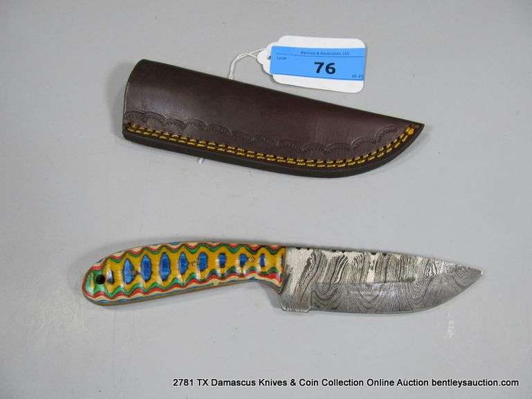KNIFE 4" BLADE DAMASCUS FINISH - RED, GREEN, BLUE, YELLOW & NATURAL HANDLE W/ SHEATH