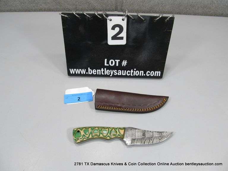 KNIFE 4" BLADE DAMASCUS FINISH - GREEN & NATURAL HANDLE W/ SHEATH