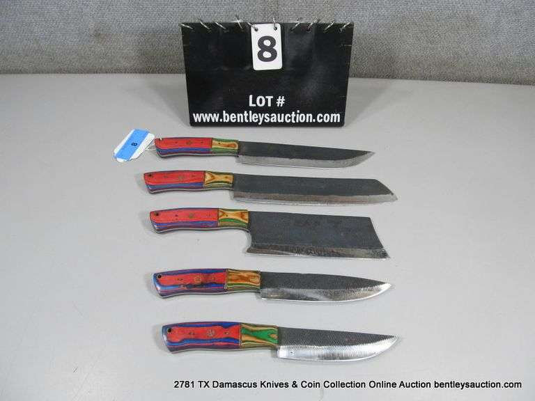 KNIFE ASSORTMENT 5" TO 9" BLADES CARBON FINISH - RED, BLUE, GREEN & NATURAL HANDLES