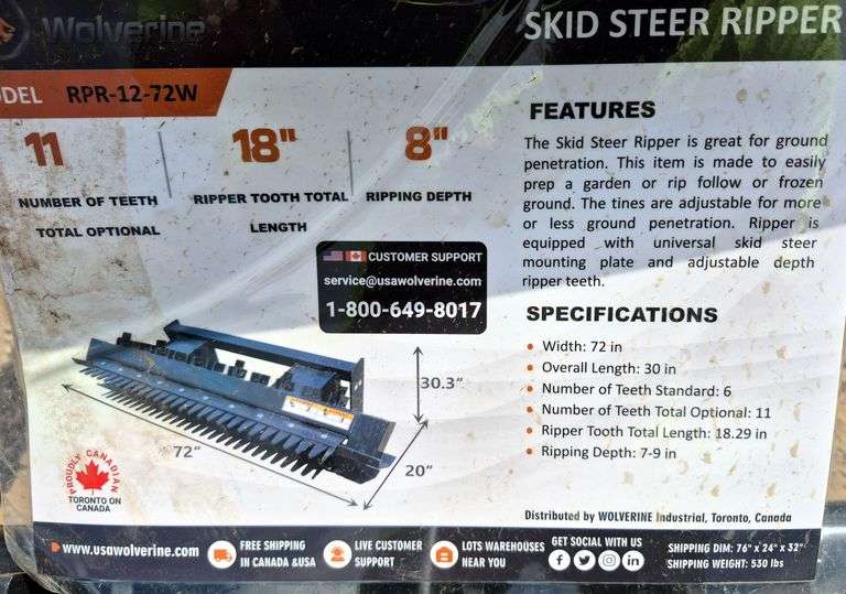 2025 WOLVERINE SKID STEER RIPPER ATTACHMENT MODEL: RPR-12-72W, 72"