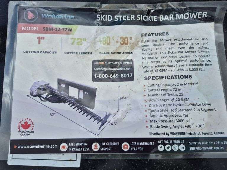 2025 WOLVERINE SKID STEER SICKLE BAR MOWER MODEL: SBM-12-72W