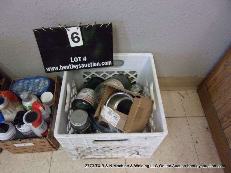 LOT: MILK CRATE - COLEMAN GAS, PAINT, BATTERIES, MISC