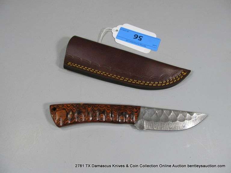 KNIFE 3-1/2" BLADE DAMASCUS FINISH - ORANGE & BLACK HANDLE W/ SHEATH