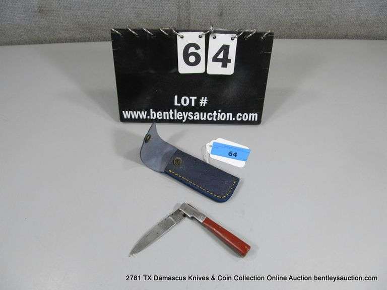 KNIFE 3-1/2" FOLDING BLADE DAMASCUS FINISH - RED HANDLE W/ CASE