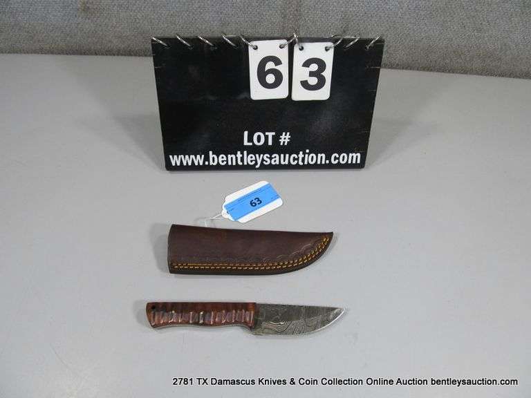 KNIFE 3-1/2" BLADE DAMASCUS FINISH - BROWN HANDLE W/ SHEATH