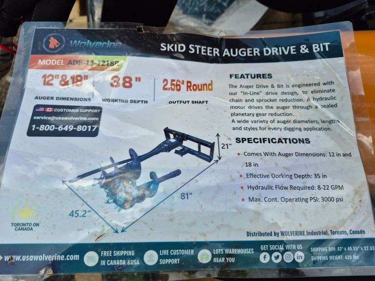 2025 WOLVERINE SKID STEER AUGER DRIVE & BIT ATTACHMENT MODEL: ADB-13-1218R,