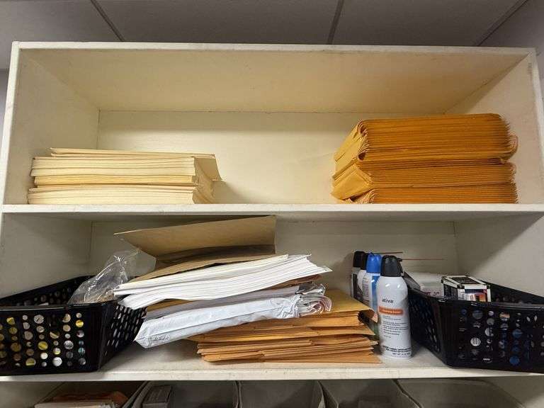 WOOD SHELF W/ CONTENTS OF OFFICE SUPPLIES