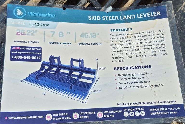 2025 WOLVERINE SKID STEER LAND LEVELER ATTACHMENT MODEL: LL-12-78W, 78"