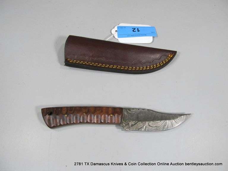 KNIFE 4" BLADE DAMASCUS FINISH  - BROWN HANDLE W/ SHEATH