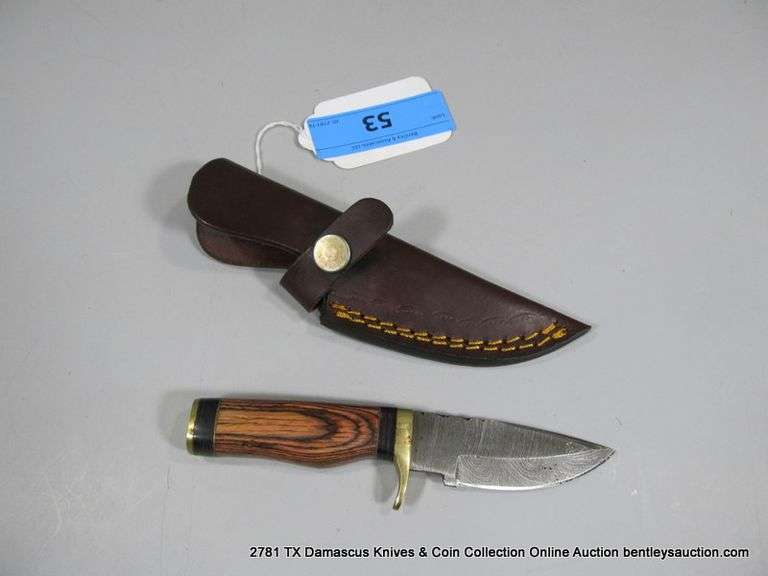 KNIFE 3" BLADE DAMASCUS FINISH - BROWN & BLACK HANDLE W/ CASE