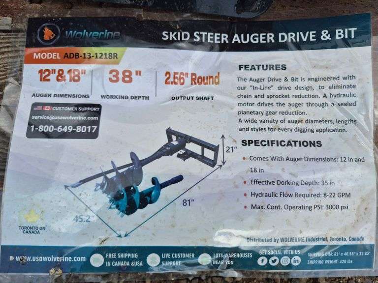 2025 WOLVERINE SKID STEER AUGER DRIVE & BIT ATTACHMENT MODEL: ADB-13-1218R,
